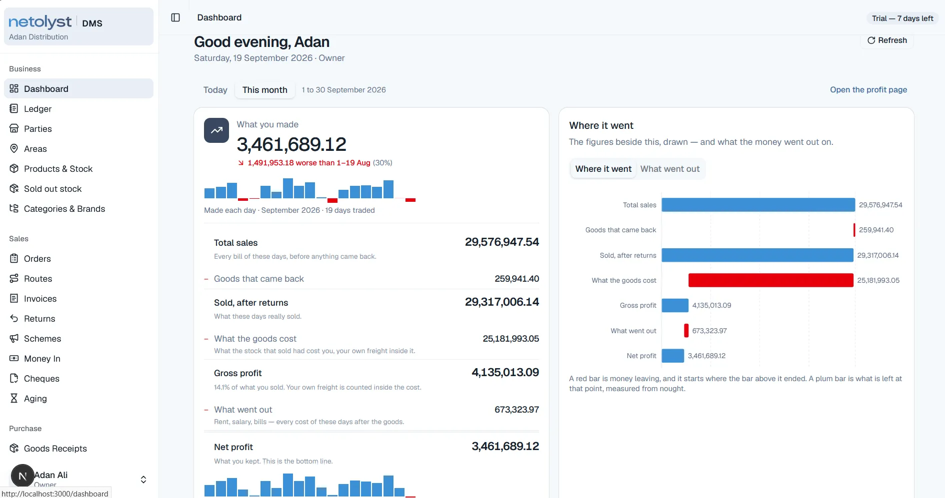 The Netolyst DMS dashboard showing net profit for the month, a breakdown from total sales down to net profit, and a bar chart of the same figures.