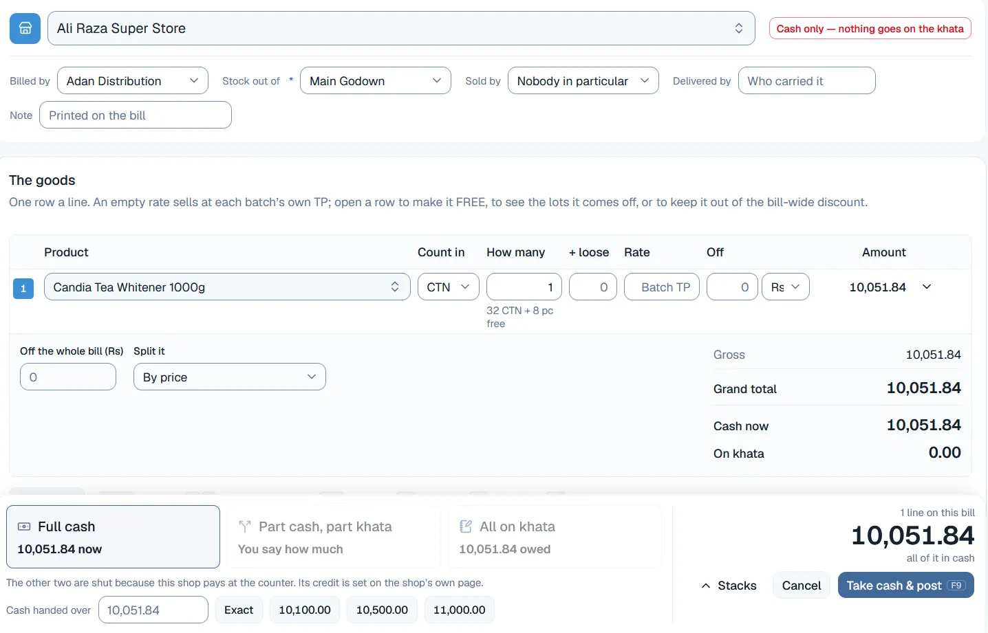 The invoice screen in Netolyst DMS: a shop selected at the top with a “cash only — nothing goes on the khata” flag, one product line counted in cartons with free pieces shown, and a footer offering full cash, part cash part khata, or all on khata, with the two credit options disabled.